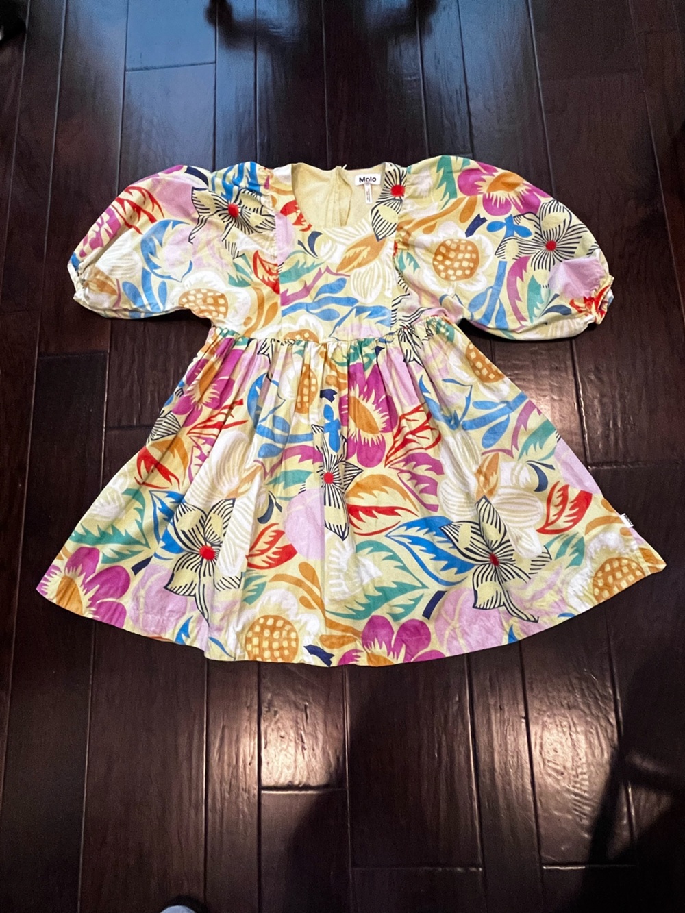 Molo Charleston Floral Print Dress in Yellow, Blue, Orange & Pink; Size 13-14
